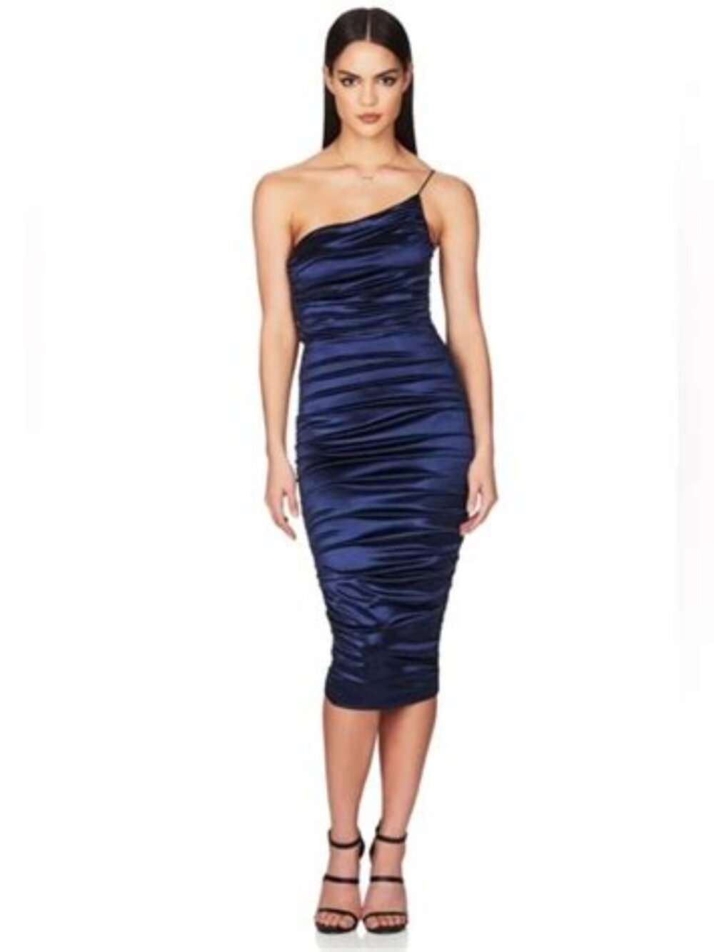 NWT Nookie Cupid Satin Ruched Midi Dress Navy XS